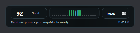 Cropped Cue companion bar showing posture score, status, recent trend, reset, settings, and time.